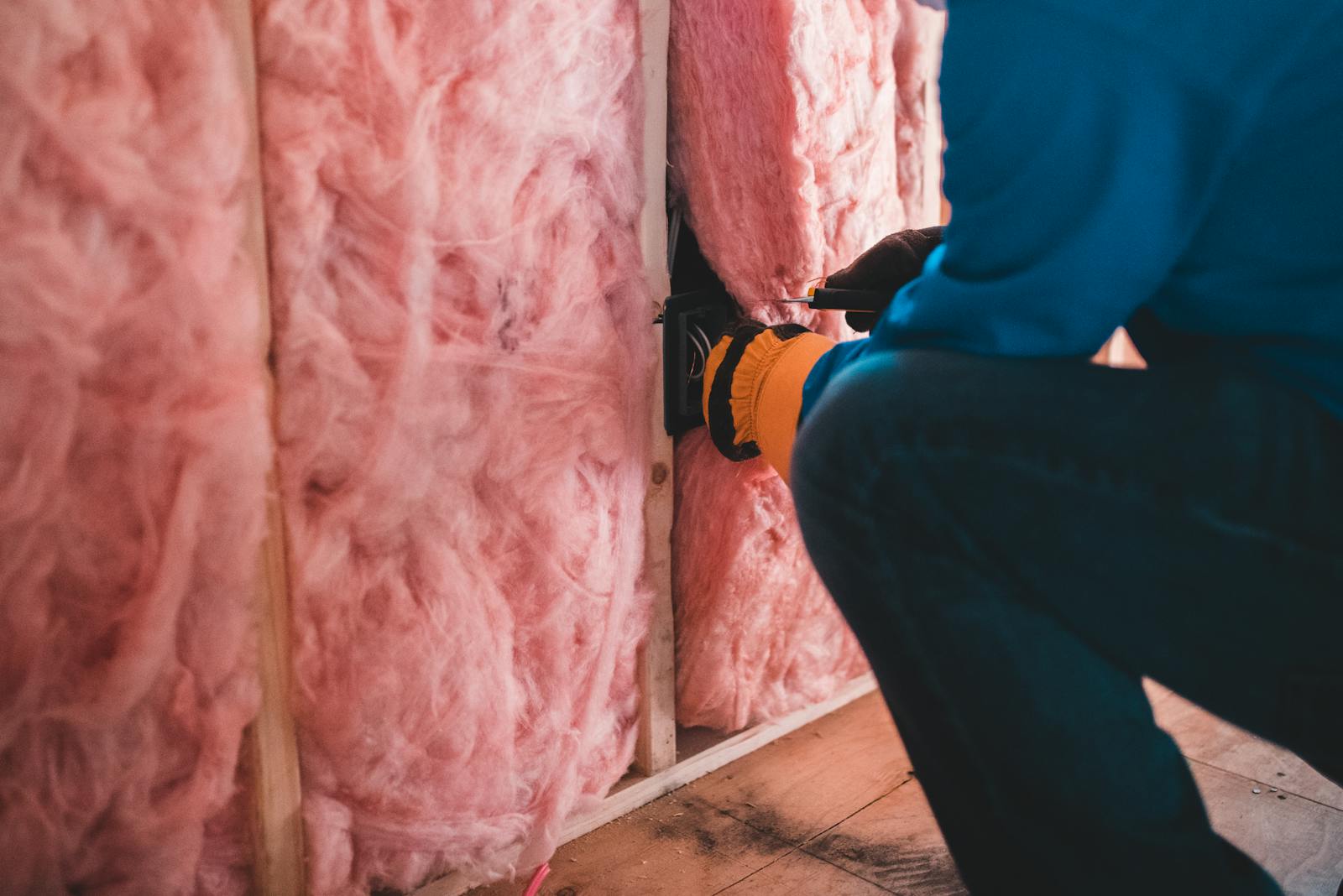 Handwerker bringt Mineralwoll-Dämmung an einer Wand an